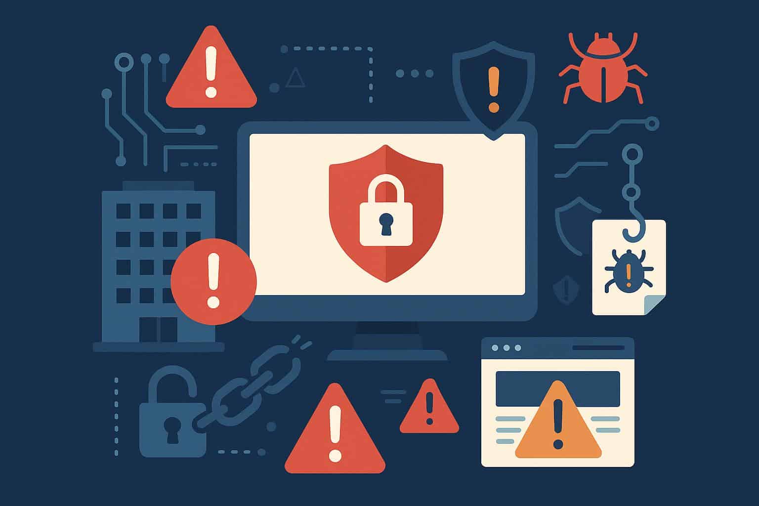 Cybersecurity risk management errors concept with digital shield and warning symbols