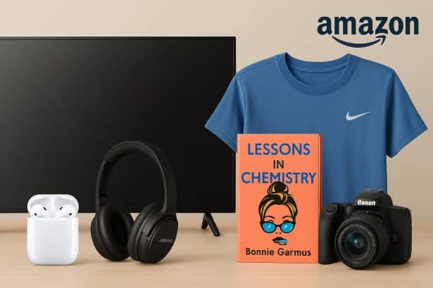 Amazon display featuring electronics, clothing, and books from top brands for online shopping