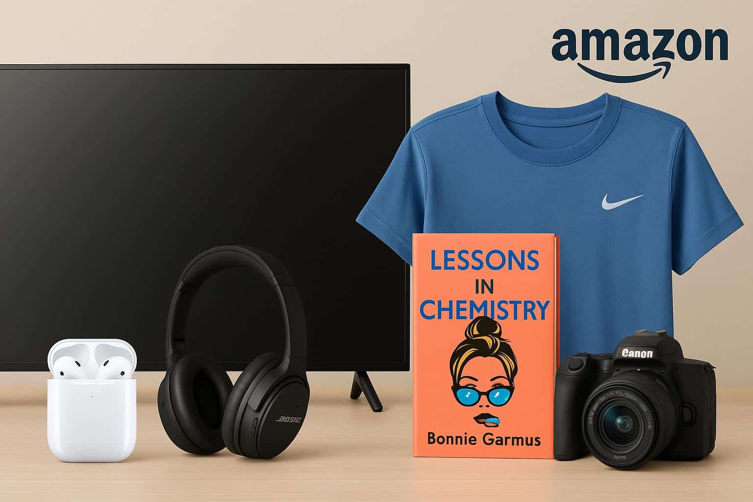 Amazon display featuring electronics, clothing, and books from top brands for online shopping