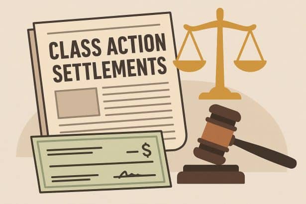Class action lawsuit documents and money representing settlement eligibility opportunities