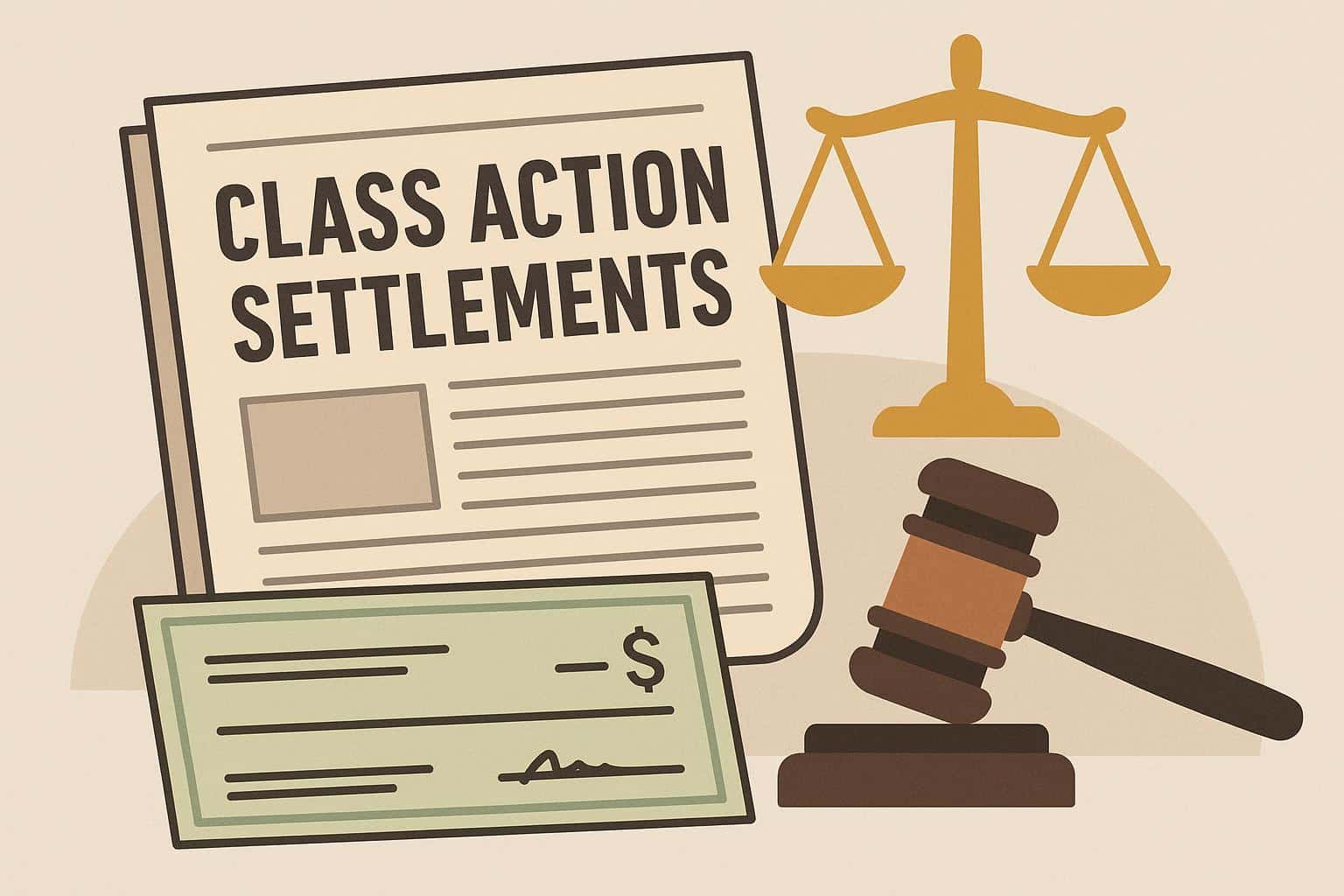 Class action lawsuit documents and money representing settlement eligibility opportunities