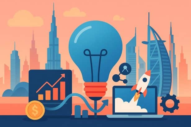 Dubai city skyline with technology icons representing thriving start-up ecosystem and innovation