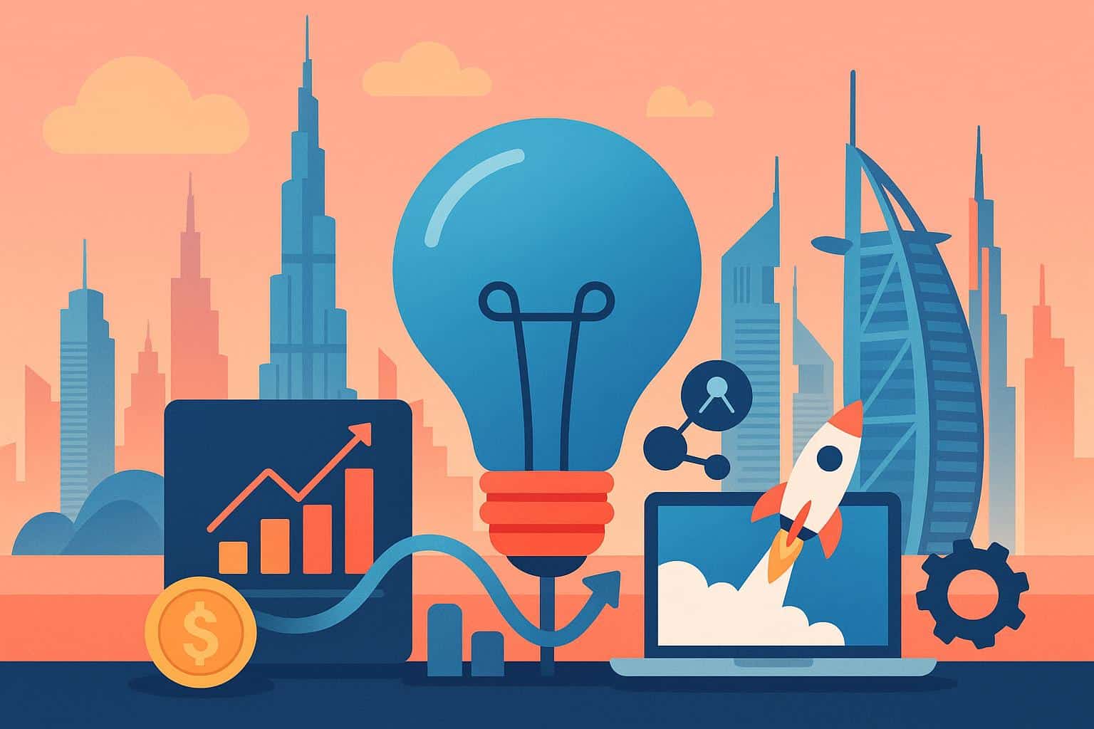 Dubai city skyline with technology icons representing thriving start-up ecosystem and innovation