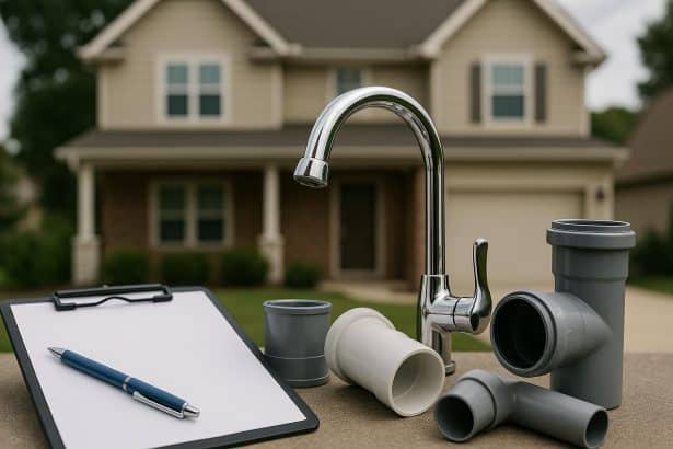 Inspecting pipes and faucets under a kitchen sink during home plumbing evaluation