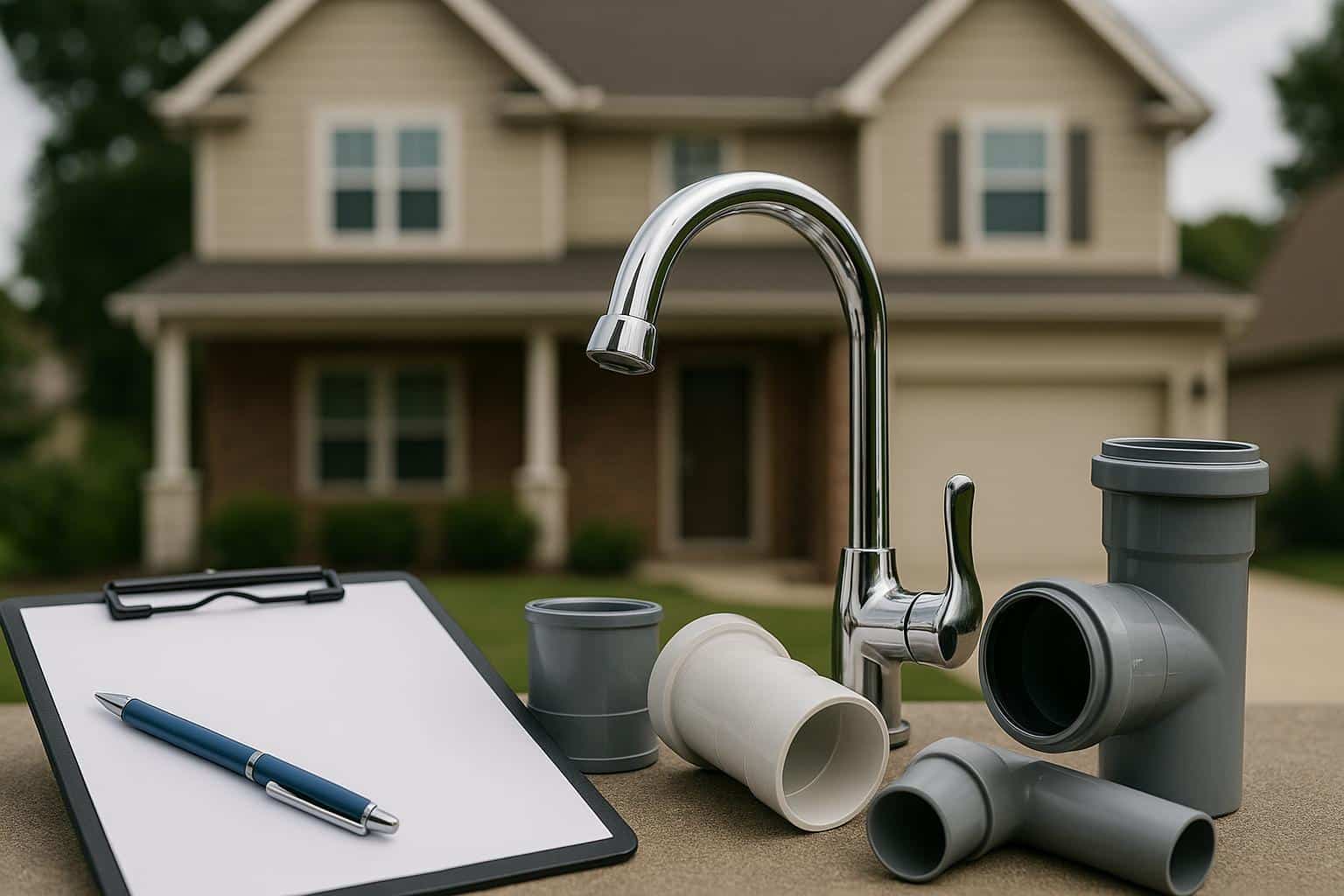 Inspecting pipes and faucets under a kitchen sink during home plumbing evaluation
