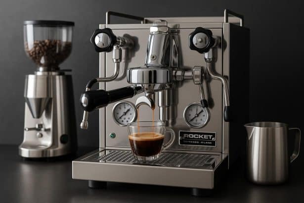 Sleek Rocket espresso machine brewing coffee in a modern kitchen setting
