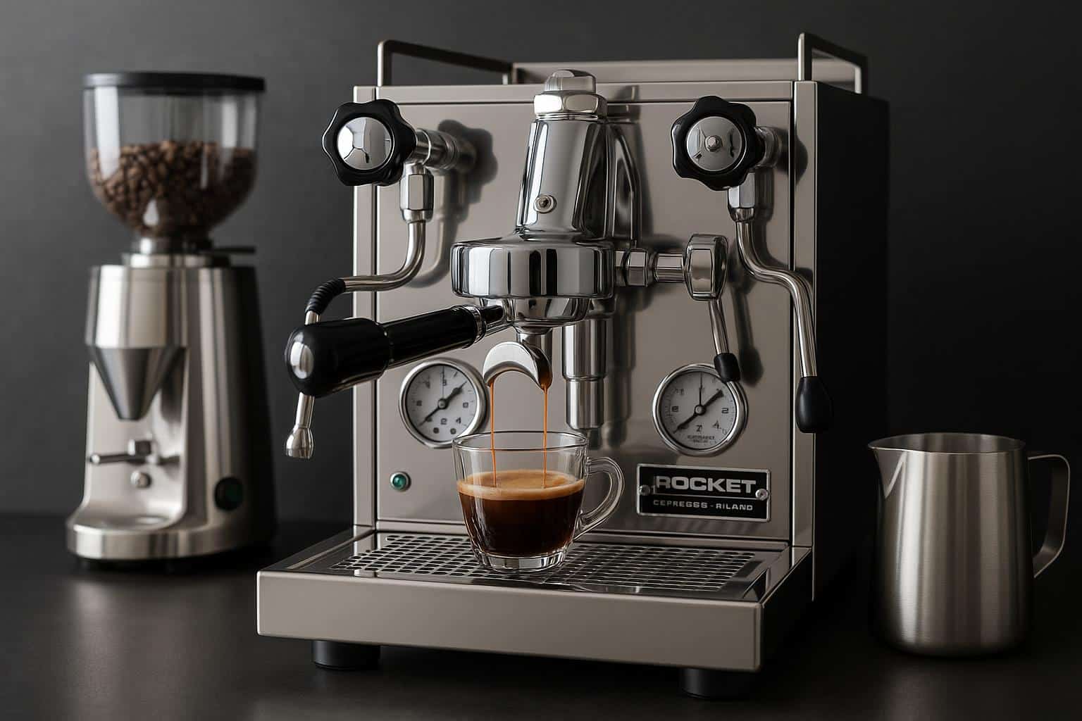Sleek Rocket espresso machine brewing coffee in a modern kitchen setting