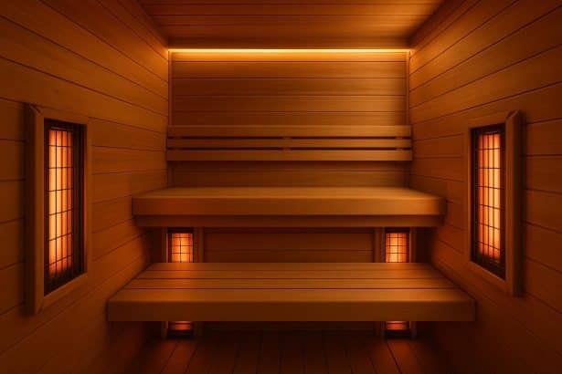 Modern home infrared sauna with glowing red panels promoting relaxation and wellness benefits
