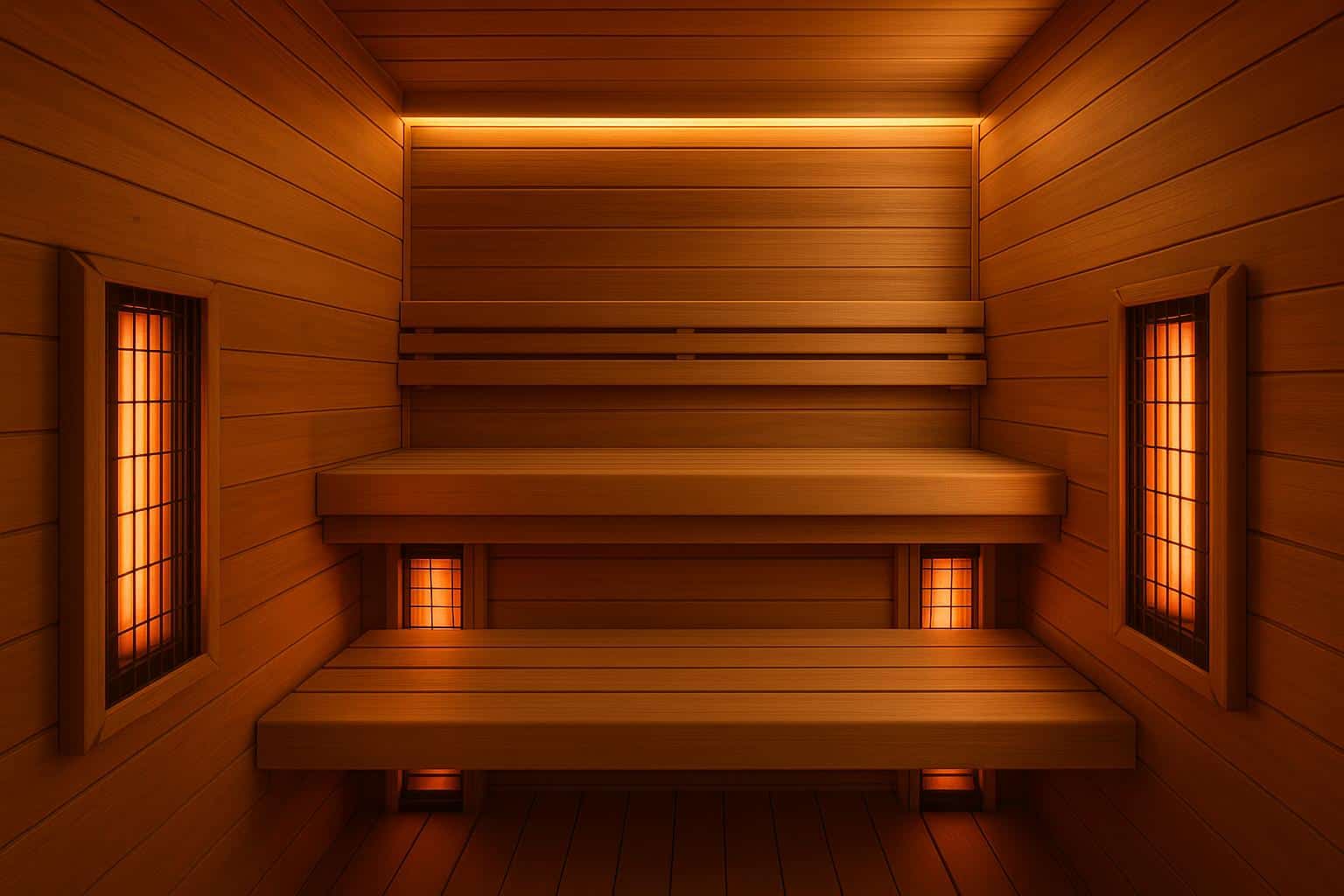 Modern home infrared sauna with glowing red panels promoting relaxation and wellness benefits