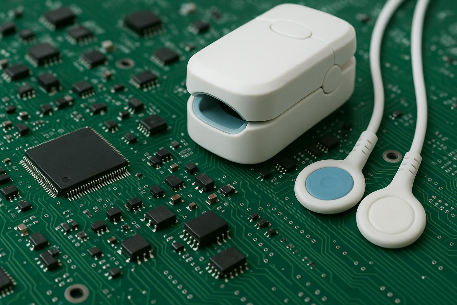 Close-up of medical device circuit board illustrating PCB design, miniaturization, and reliability