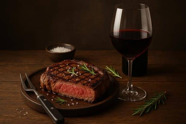 Grilled steak served with red wine on a rustic table, highlighting steak and wine pairing