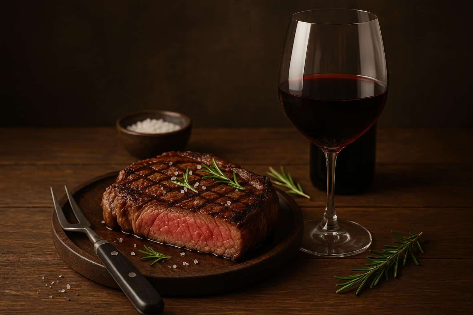 Grilled steak served with red wine on a rustic table, highlighting steak and wine pairing