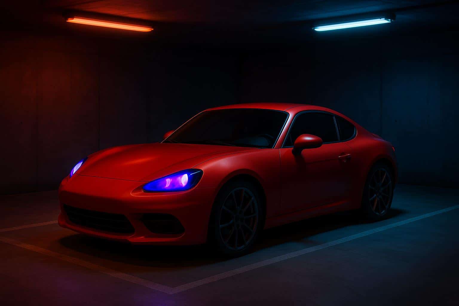 Sporty compact car under tinted headlights showcasing visibility concerns in low-light conditions