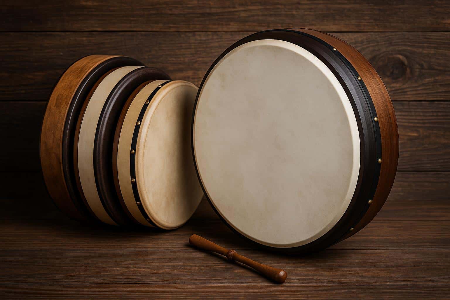 Traditional Irish bodhrán drums displayed in various sizes with different drumhead materials