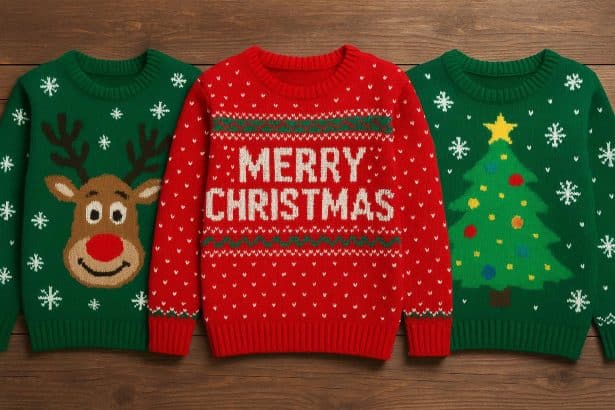 Colorful ugly Christmas sweaters with festive patterns, symbolizing holiday tradition and fun