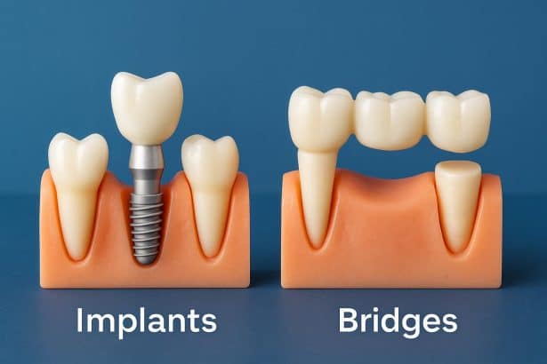 Dental implants and bridges comparison illustrated with tooth models and dental tools