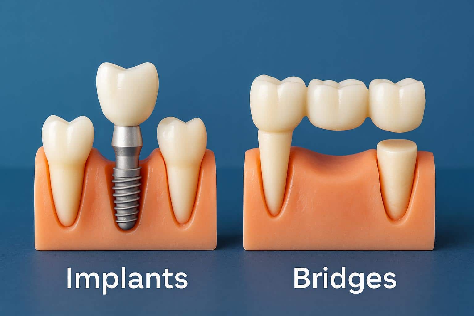 Dental implants and bridges comparison illustrated with tooth models and dental tools