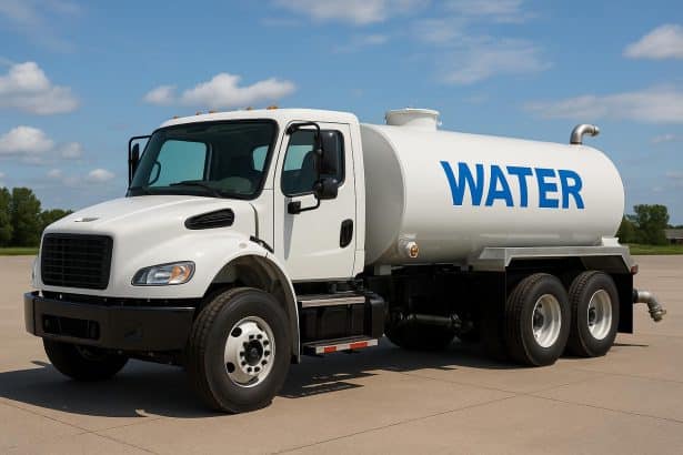 Truck carrying water tanks illustrating vehicle payload capacity for mobile water supply systems