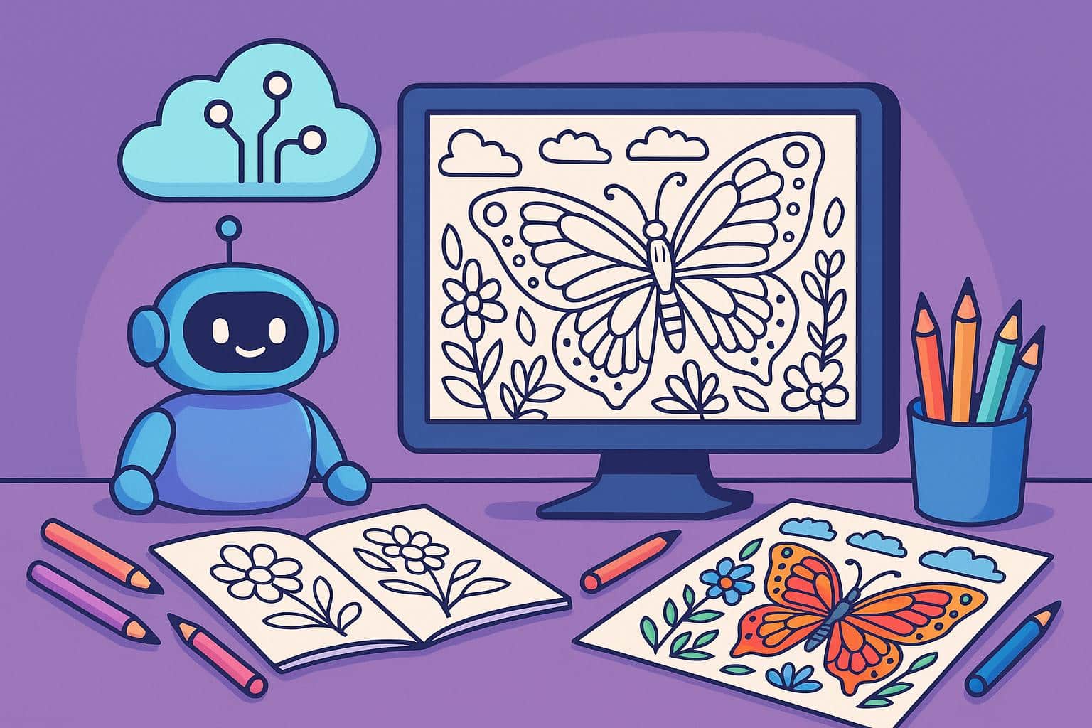 AI-generated coloring page artwork showcasing creative designs for kids and adults