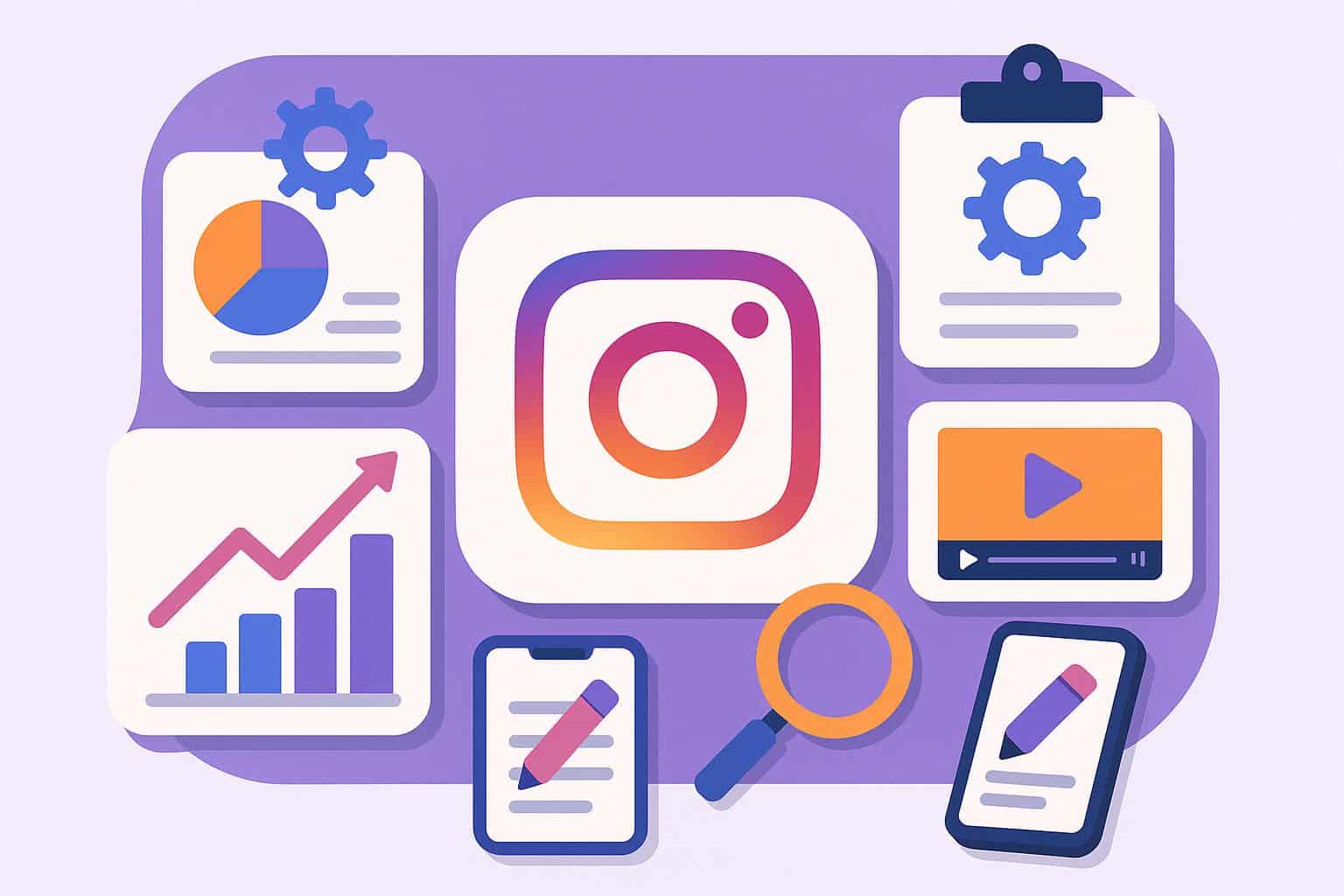 Instagram tools and app icons arranged on a smartphone, highlighting content creation features