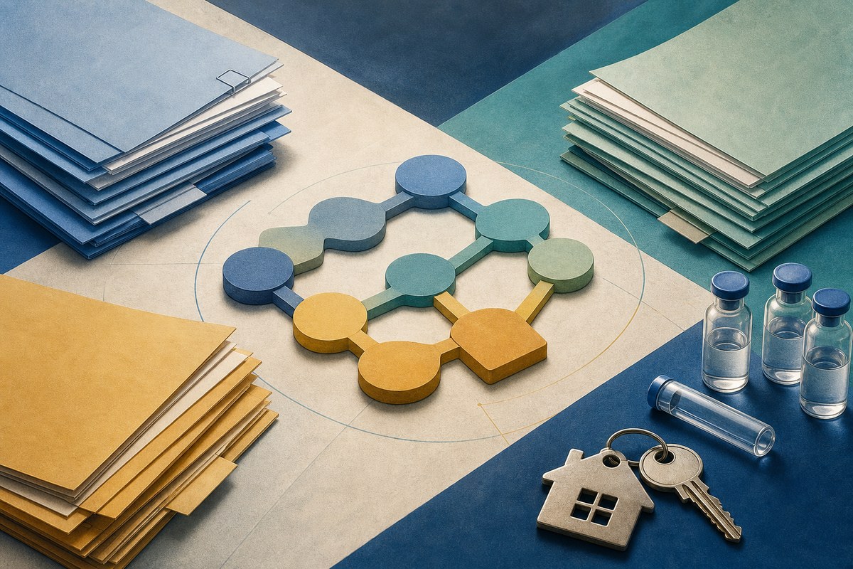 Editorial illustration of autism policy papers, research materials and housing symbols on a table.