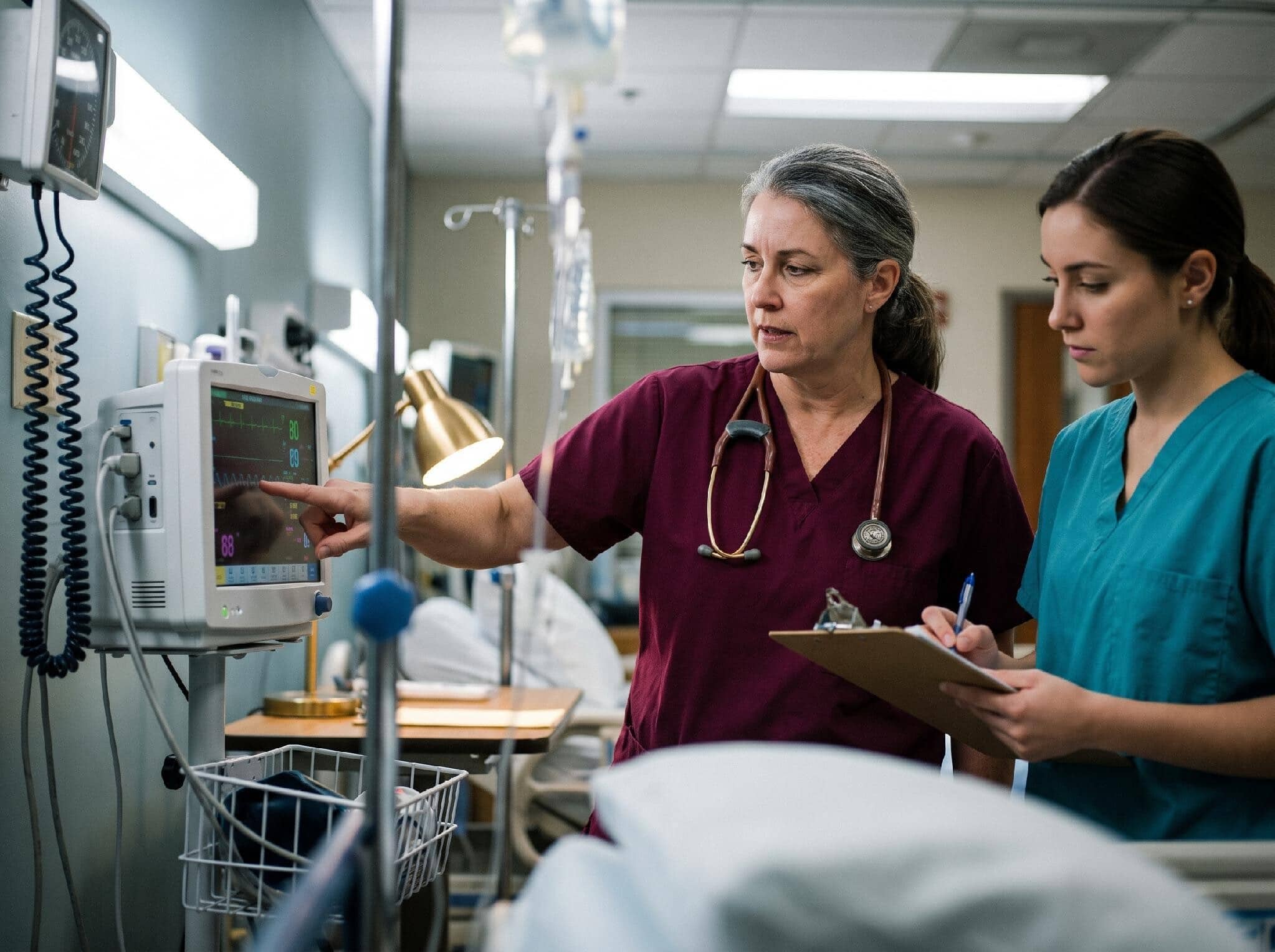 A nurse preceptor mentoring a nursing student at a hospital bedside
