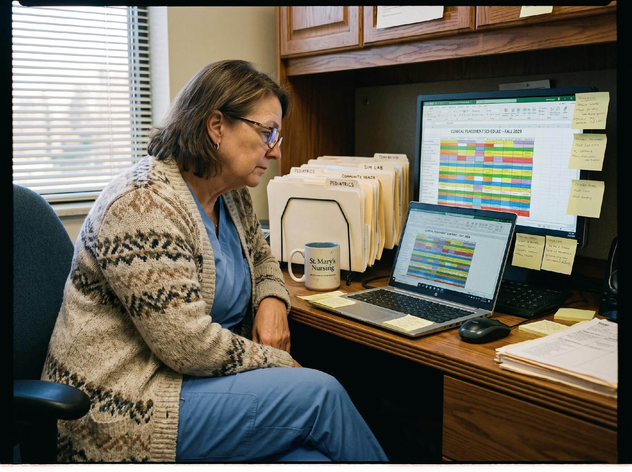 A nurse educator reviewing a clinical placement scheduling dashboard on a laptop