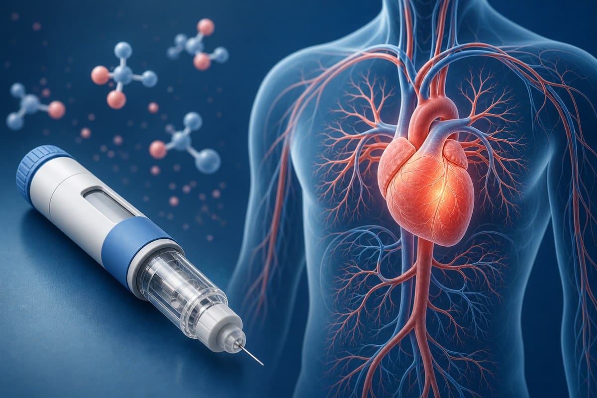 Illustration of an injection pen beside a stylized heart and blood vessels.