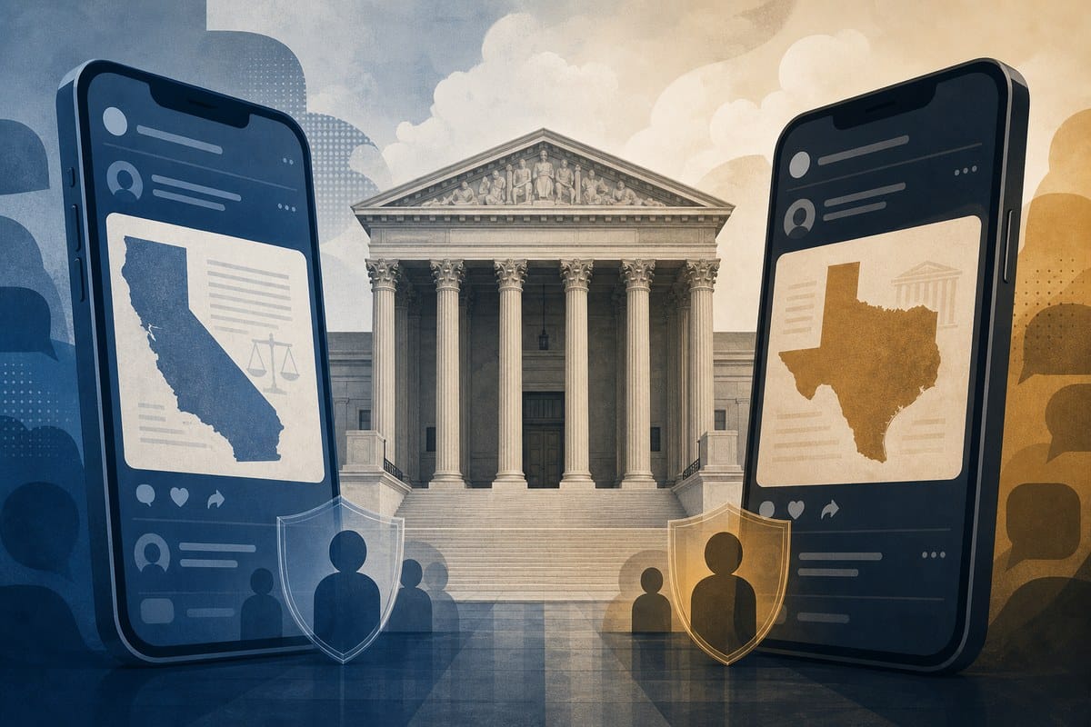 Abstract smartphones beside a courthouse and state legal documents.