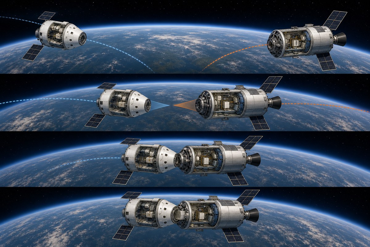 Two spacecraft moving from orbital rendezvous toward docking above Earth.