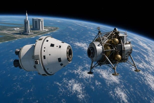 An Orion-style spacecraft approaching a test lander for docking above Earth.