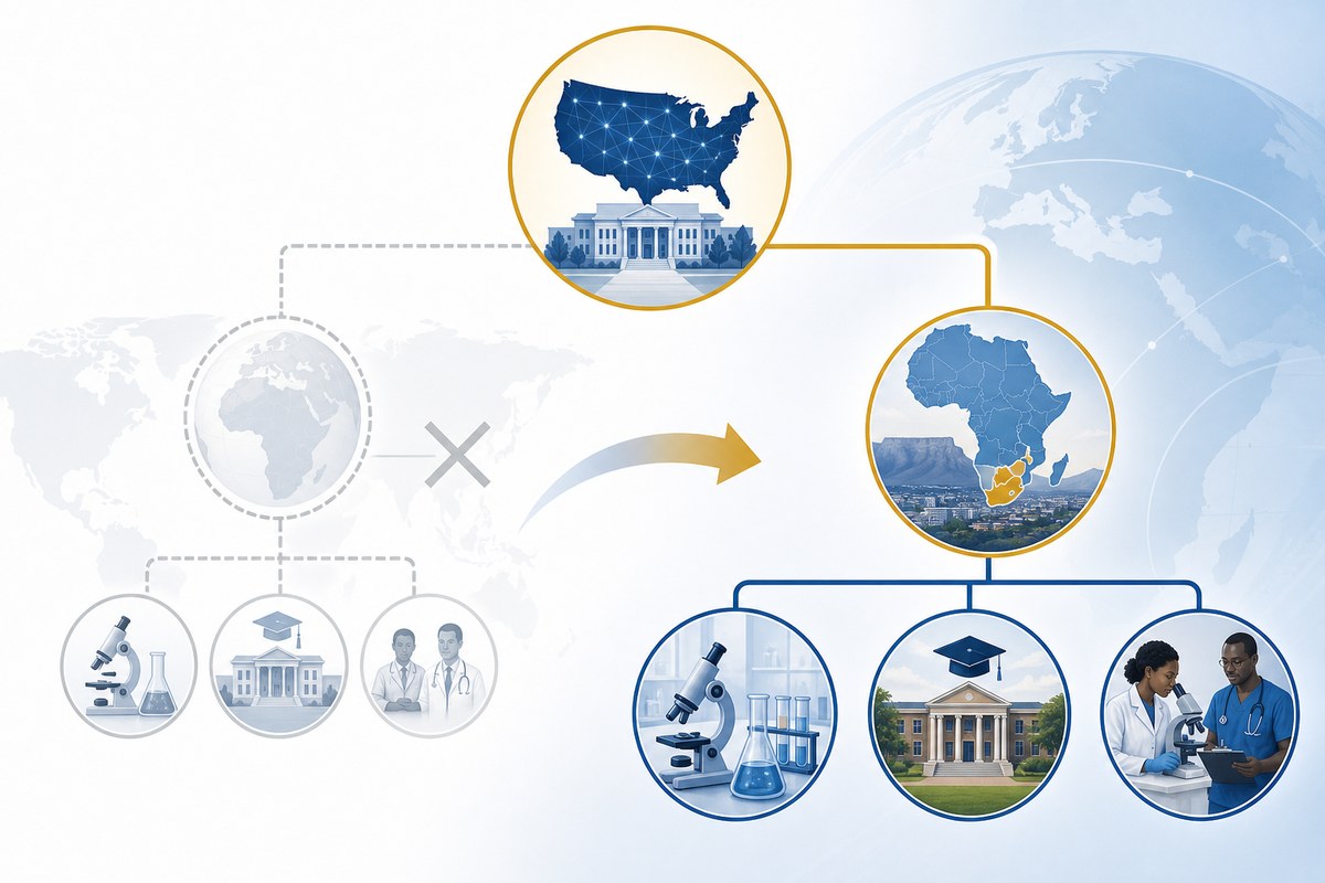Conceptual diagram showing linked U.S. and South African research award components replacing a foreign subaward.