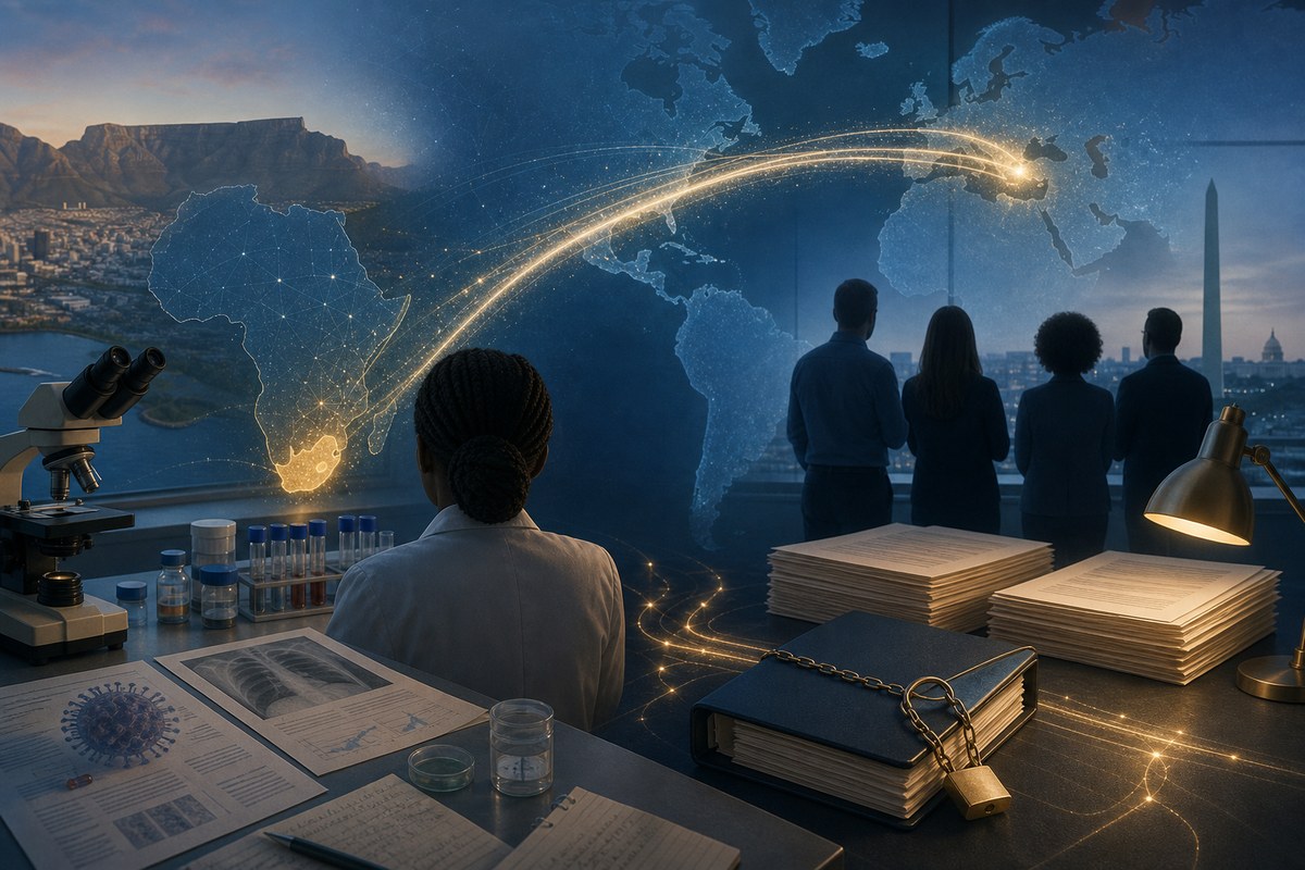 Editorial illustration of laboratory researchers connected by grant-document pathways between South Africa and the United States.