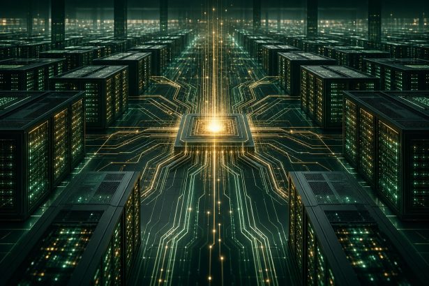 Abstract data center server racks connected by luminous circuit pathways