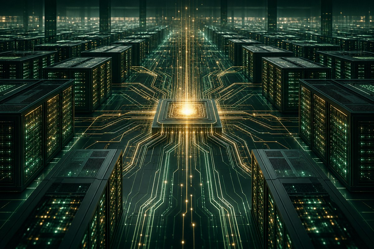 Abstract data center server racks connected by luminous circuit pathways