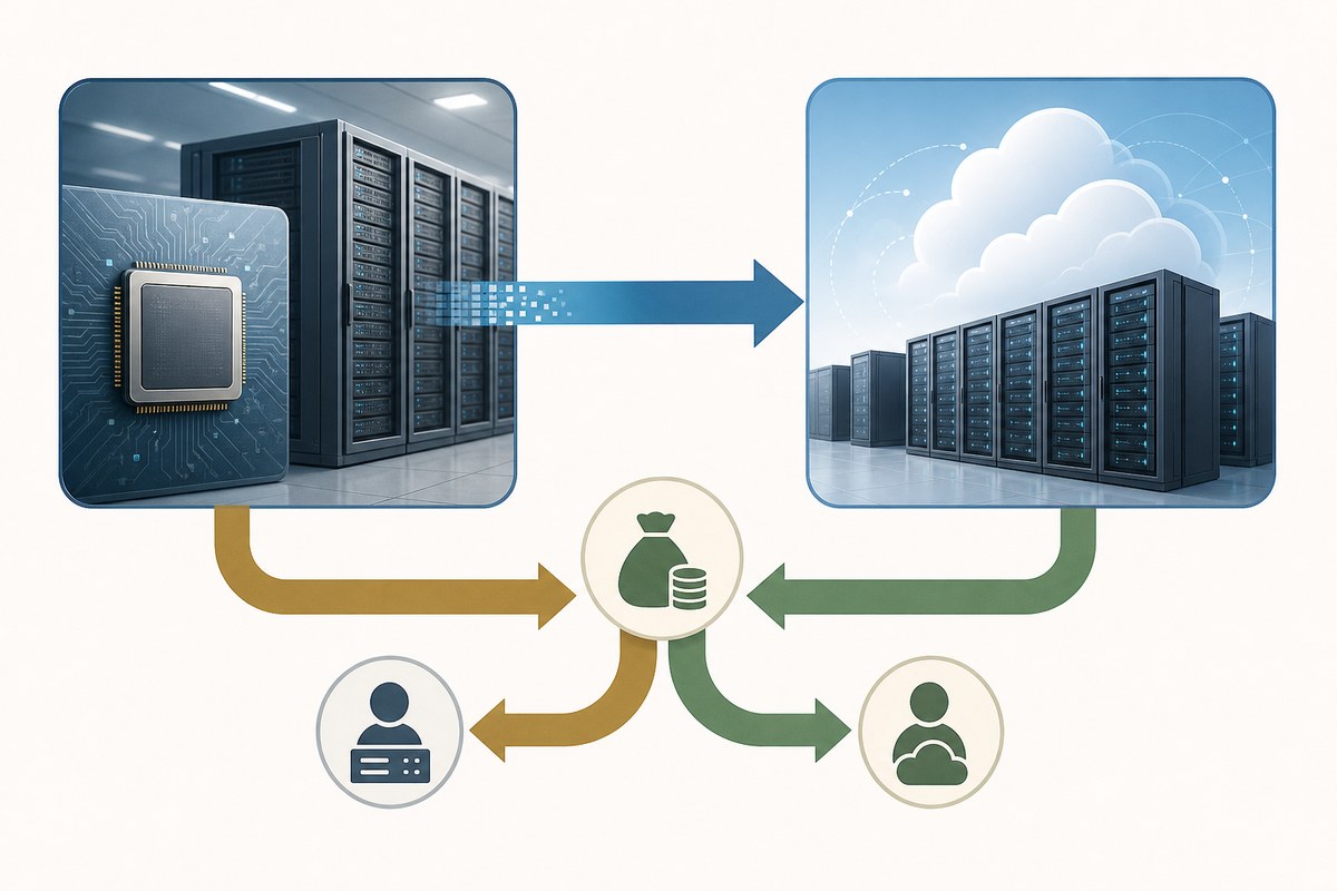 Conceptual diagram of chip infrastructure supporting a cloud provider and shared rental-revenue flows