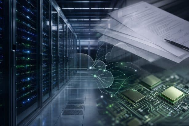Abstract AI data center racks with layered contract documents and cloud-network connections