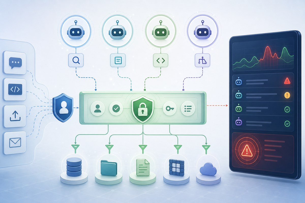Conceptual diagram of AI agents receiving controlled access through an identity-security layer.