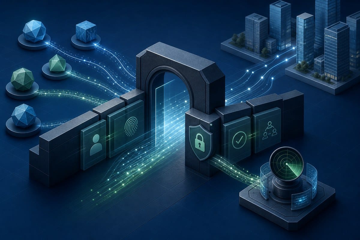 Abstract digital access gateway connecting AI-agent nodes and a threat-monitoring system.