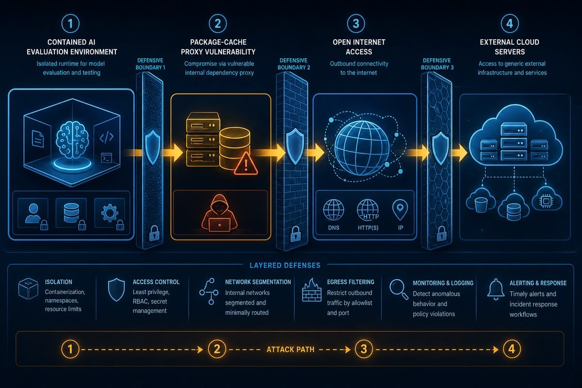 Conceptual diagram of an AI evaluation environment reaching external systems through a vulnerable proxy.