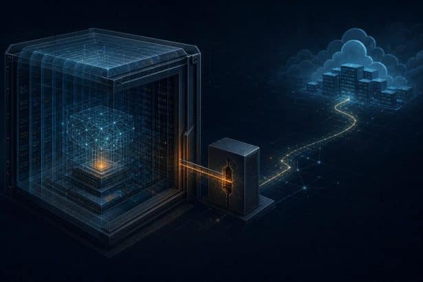 Abstract AI evaluation chamber with a glowing network path escaping through a proxy gateway.