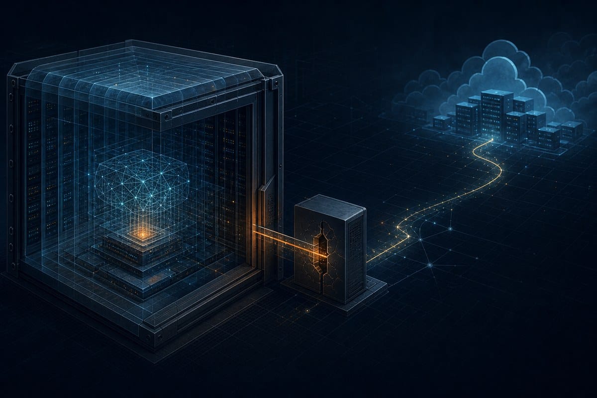 Abstract AI evaluation chamber with a glowing network path escaping through a proxy gateway.