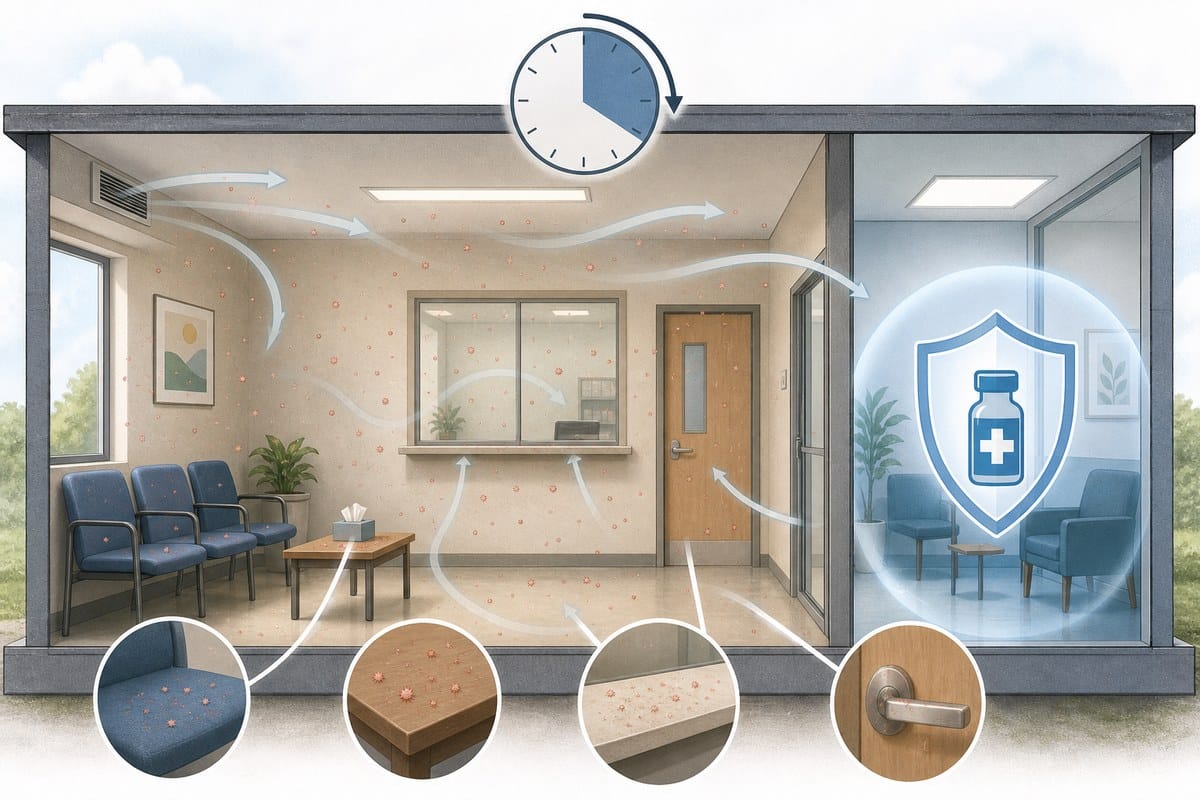 Conceptual illustration showing measles particles lingering in an indoor room after a person leaves.