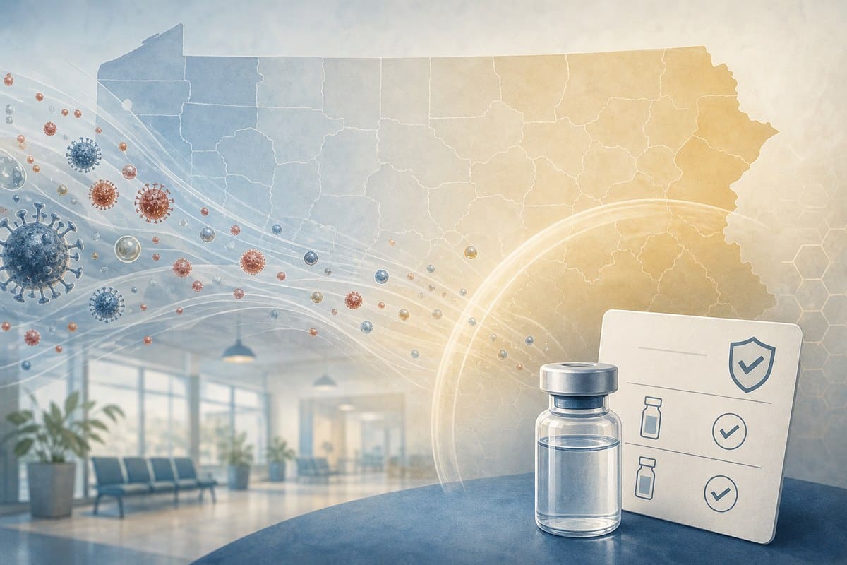 Abstract public-health illustration of airborne virus particles and vaccination protection in Pennsylvania.