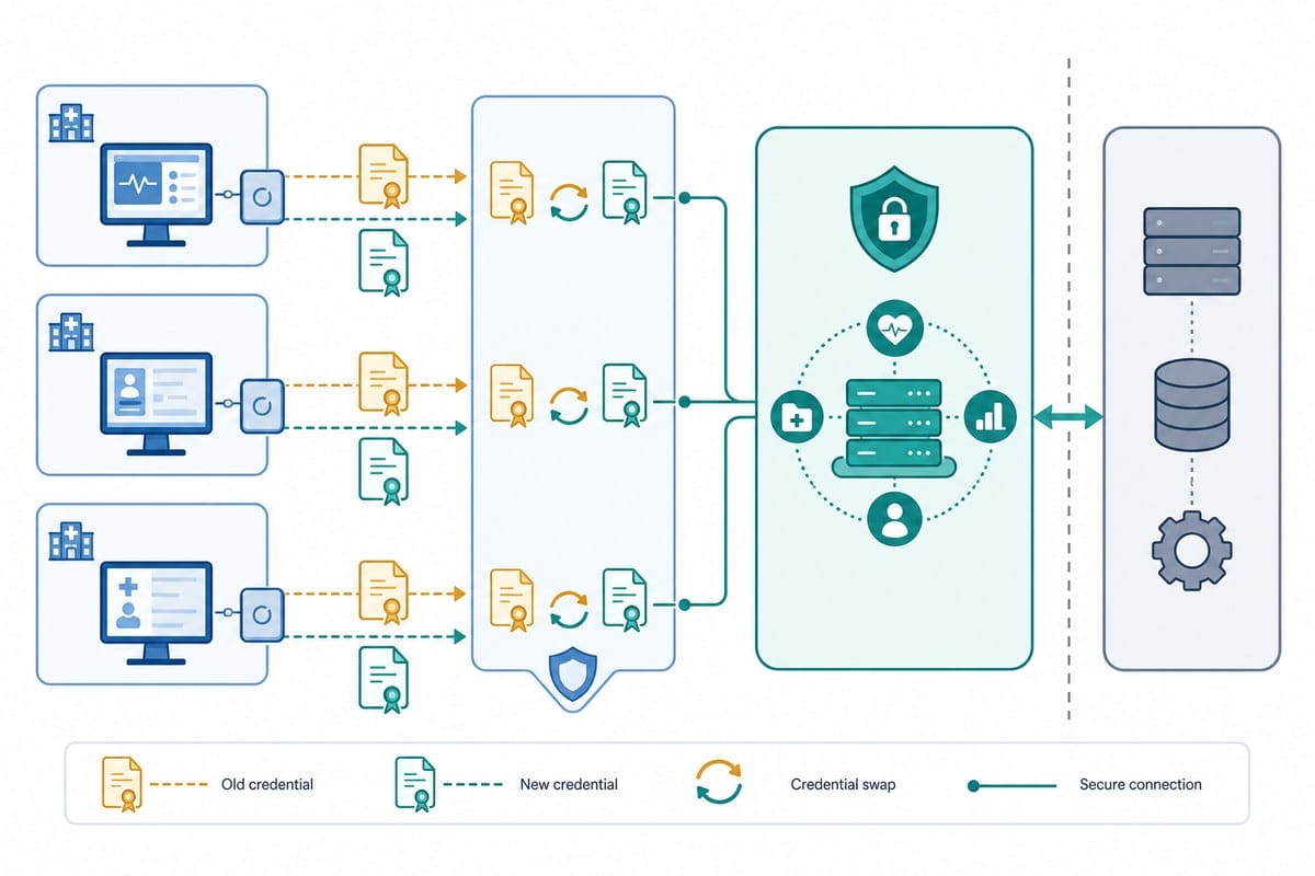Diagram of medical systems receiving new connection credentials before linking to a central health platform.