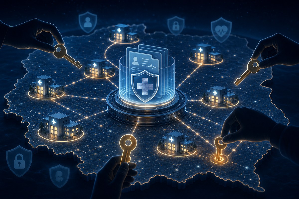 Abstract healthcare network with clinic connections and rotating digital security keys.