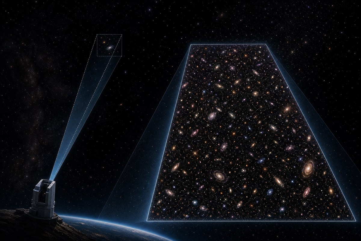 Conceptual comparison of a narrow telescope view and a broad infrared survey field