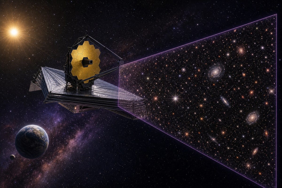 Illustrated space telescope surveying a broad field of galaxies and stars