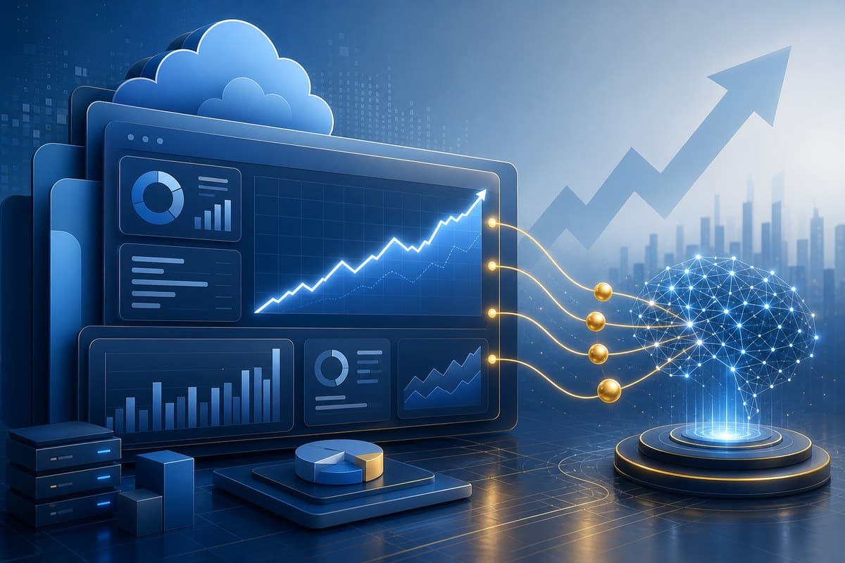 Abstract software dashboard with rising revenue lines and connected AI investment nodes