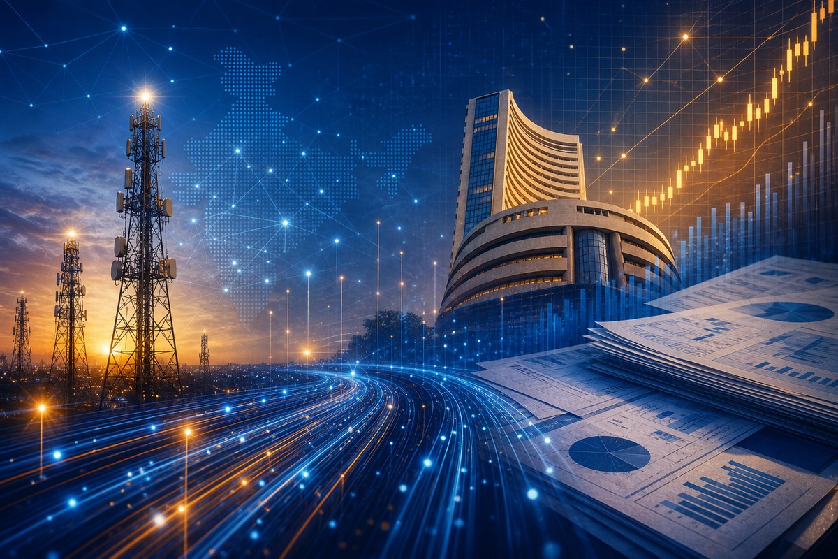 Illustration of telecom towers, digital network lines and financial documents near a stock exchange building.